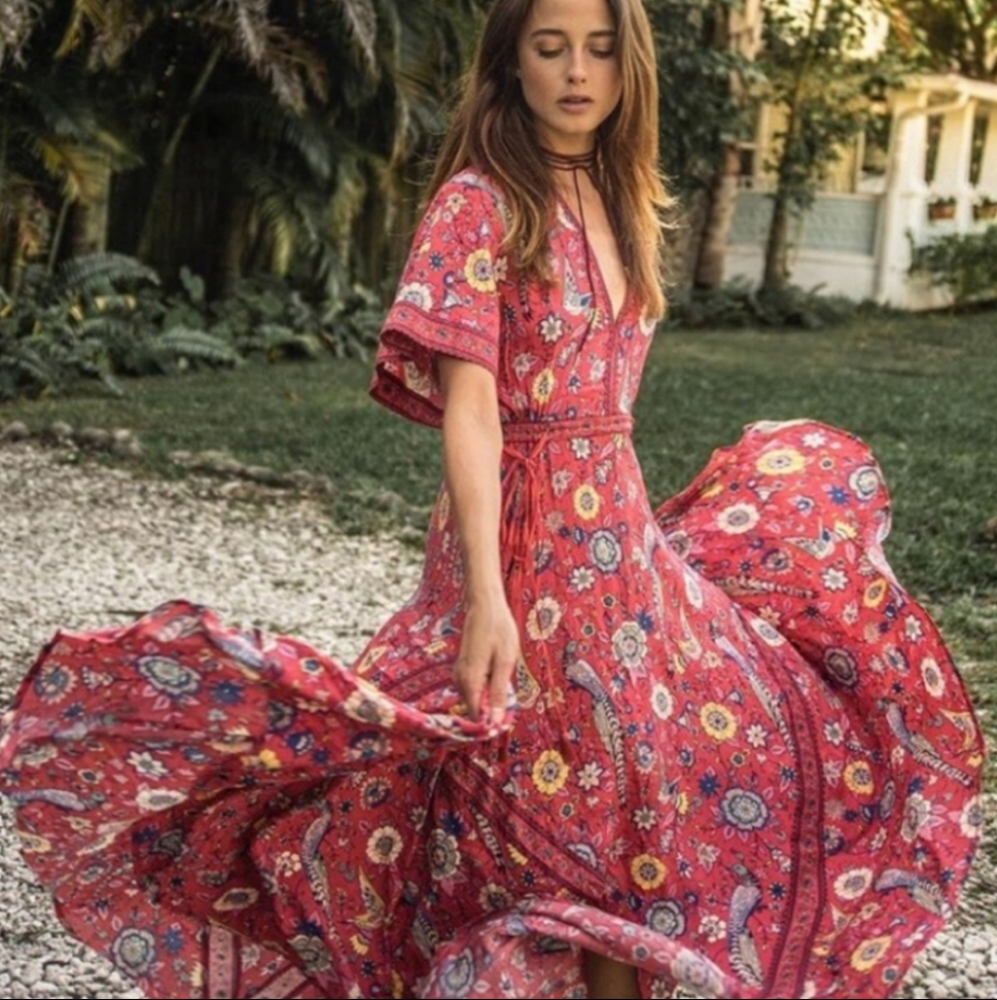 Red Lovebird Print Gown NWOT